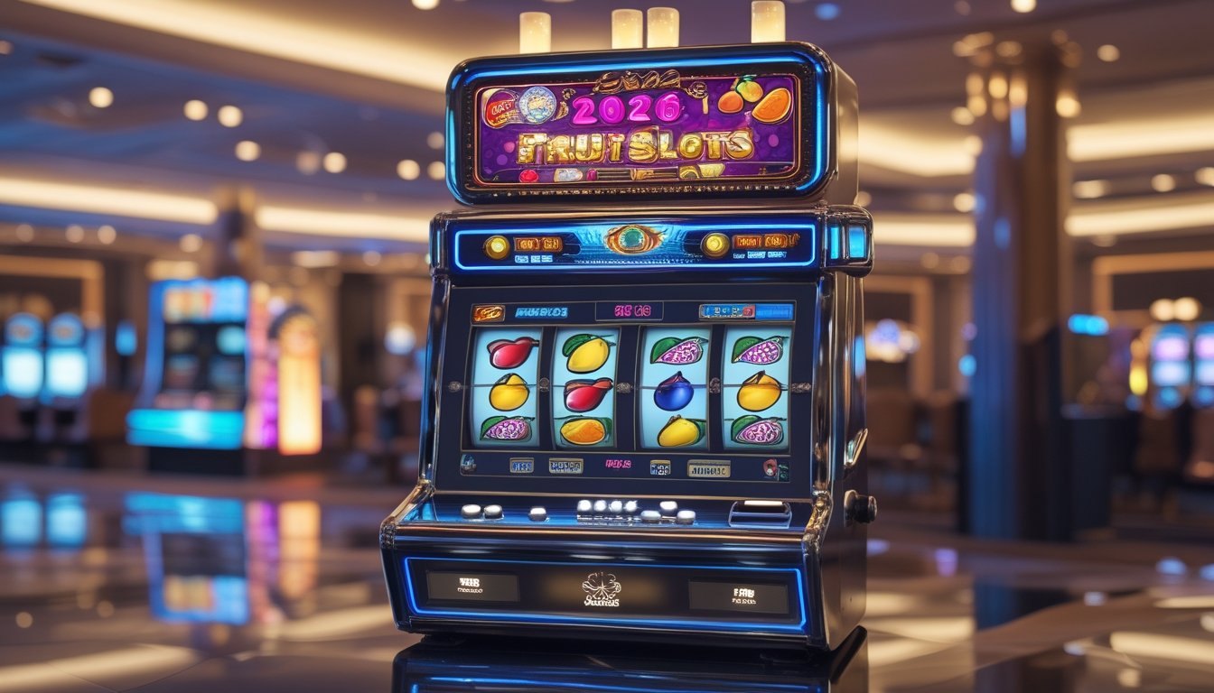 Mesin slot buah modern dengan simbol buah warna-warni di dalam suasana kasino yang elegan.