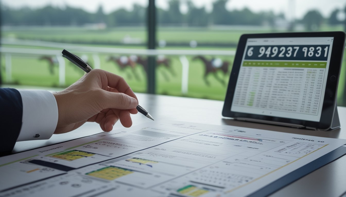 Seseorang menganalisis kartu pacuan dan statistik kuda di meja dengan latar belakang arena pacuan.