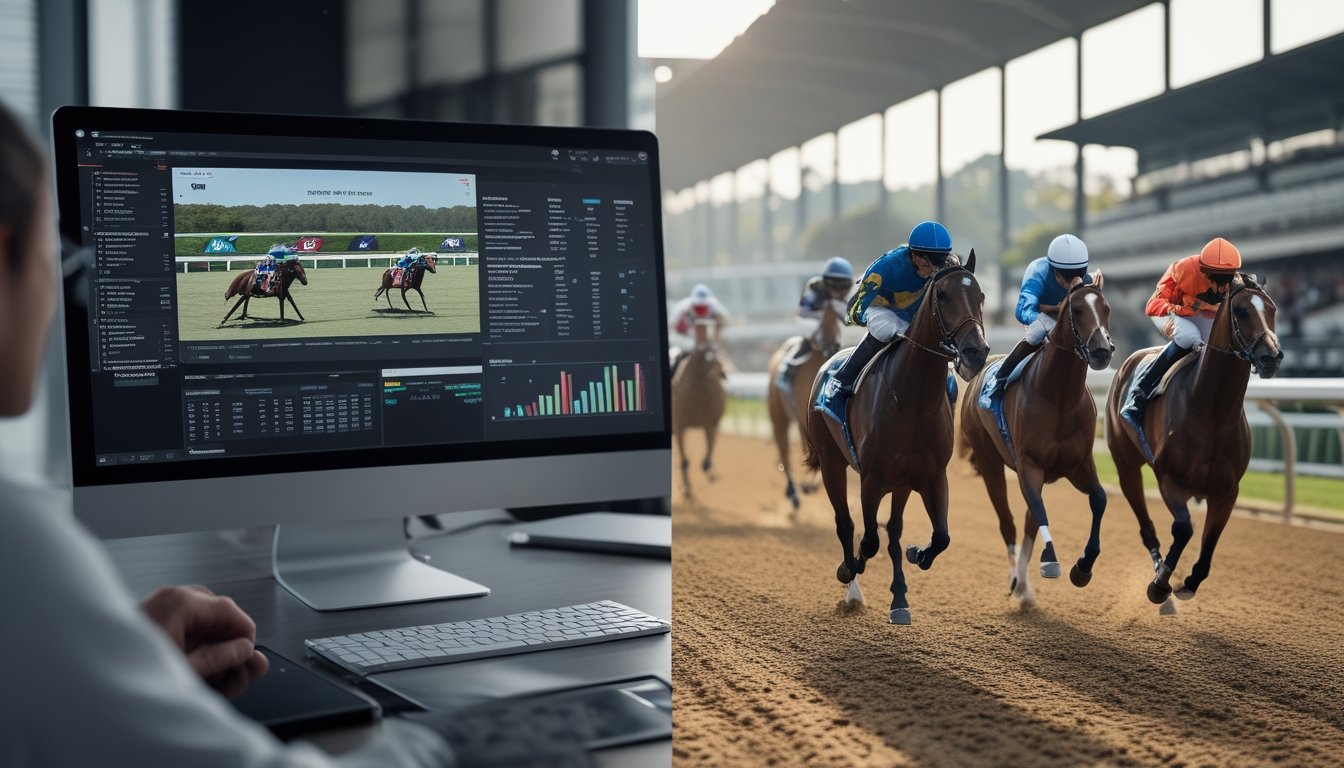Perbandingan suasana pacuan kuda virtual di dalam ruangan dan pacuan kuda asli di arena.