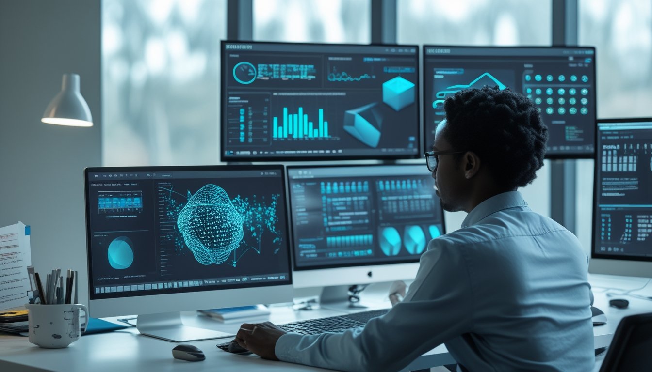 Seorang analis mempelajari pola angka tiga dimensi dan grafik data di depan beberapa monitor.