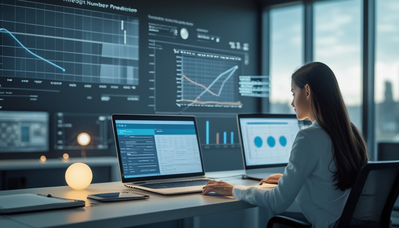 Seorang analis mempelajari grafik dan angka pada laptop di meja kerja modern.
