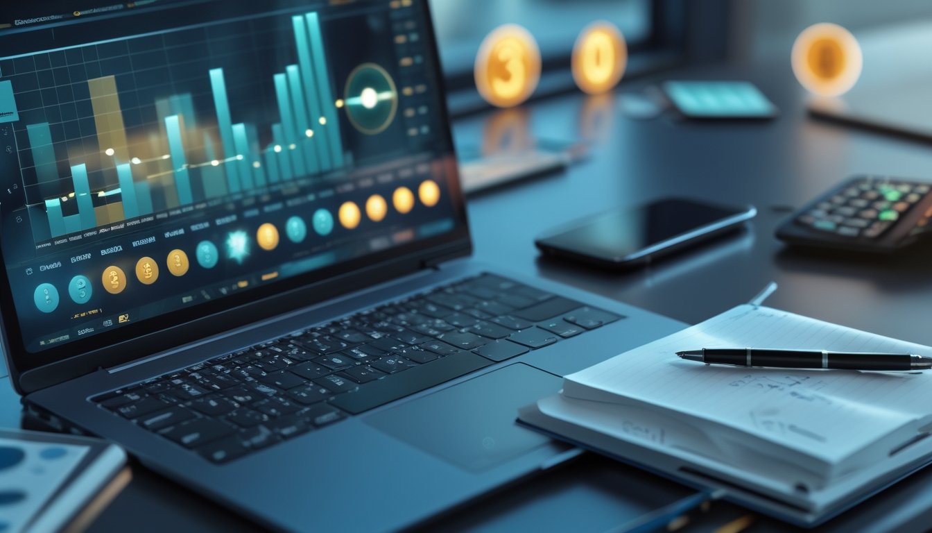Meja kerja modern dengan laptop dan ponsel yang menampilkan grafik analisis abstrak.