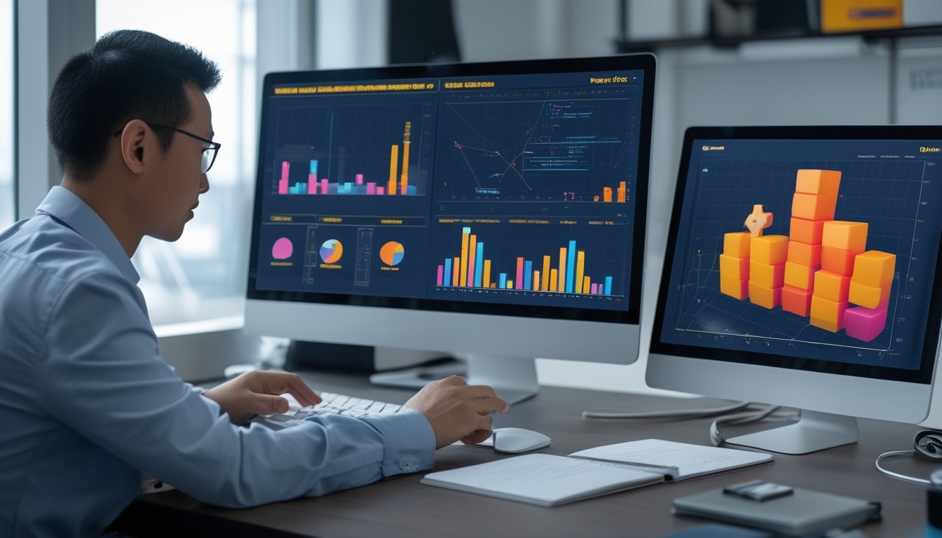 Seorang profesional menganalisis data angka 3D dan grafik risiko di ruang kerja modern.