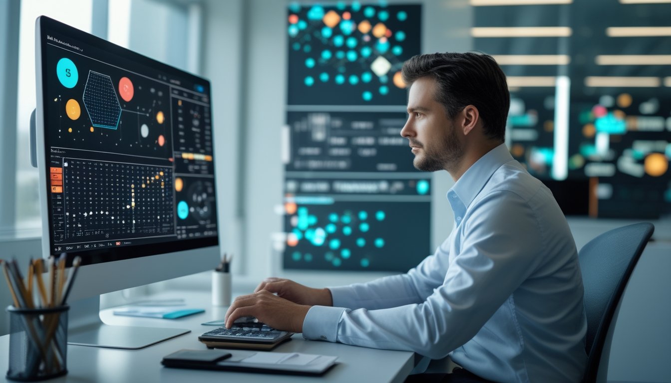 Seorang analis mempelajari pola angka dan grafik abstrak di meja kerja modern.