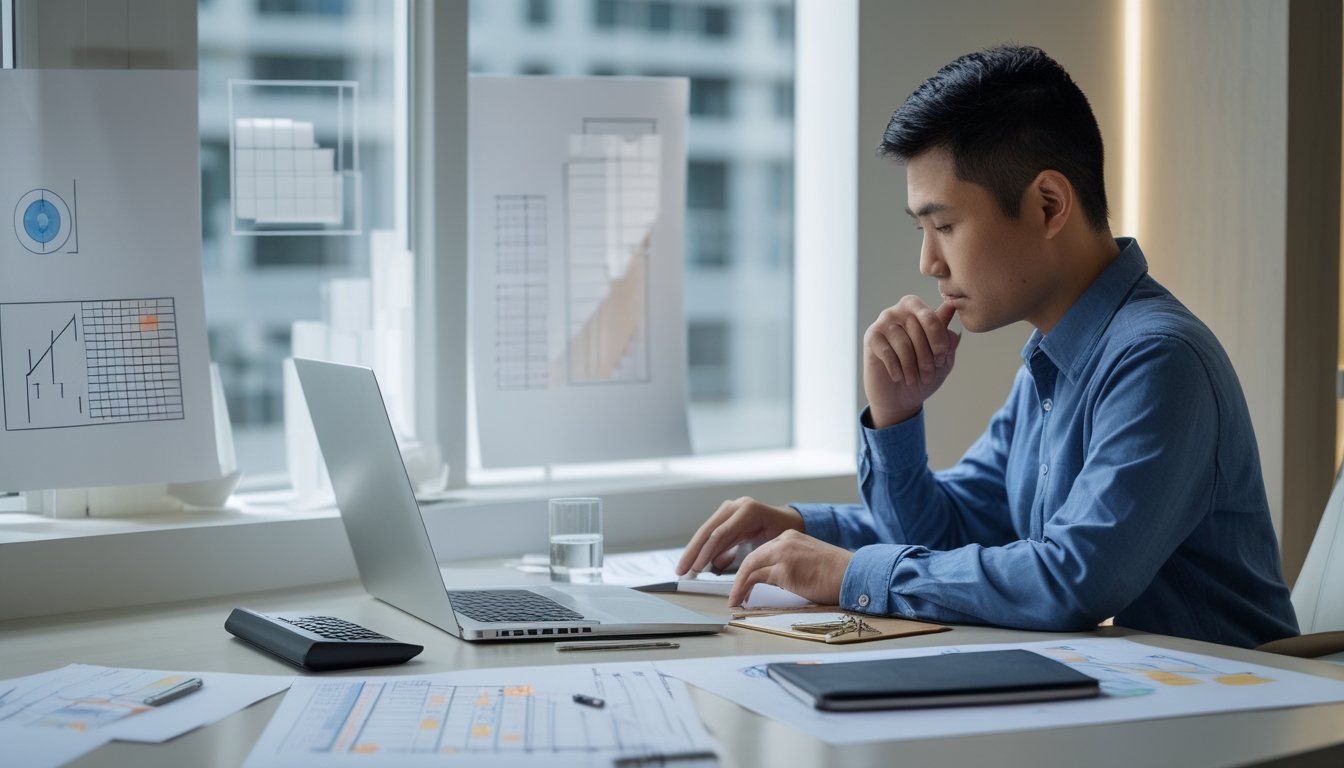 Seseorang menganalisis pola probabilitas abstrak di meja kerja dengan laptop, kertas kosong, kalkulator, dan token angka.