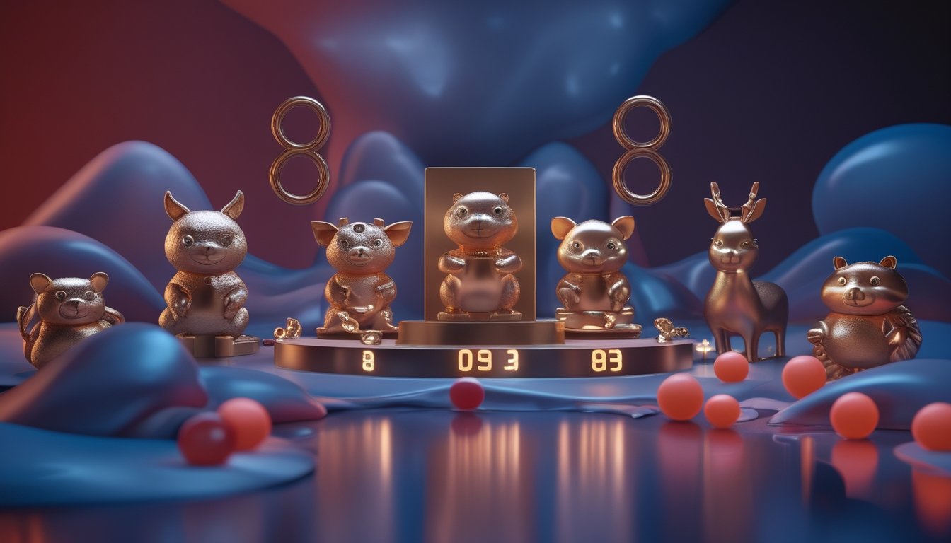 Figurines hewan shio mengelilingi bola angka dalam susunan studio bernuansa merah dan emas.