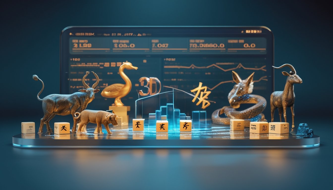 Figur mini dua belas hewan shio mengelilingi visualisasi data tiga dimensi bercahaya.