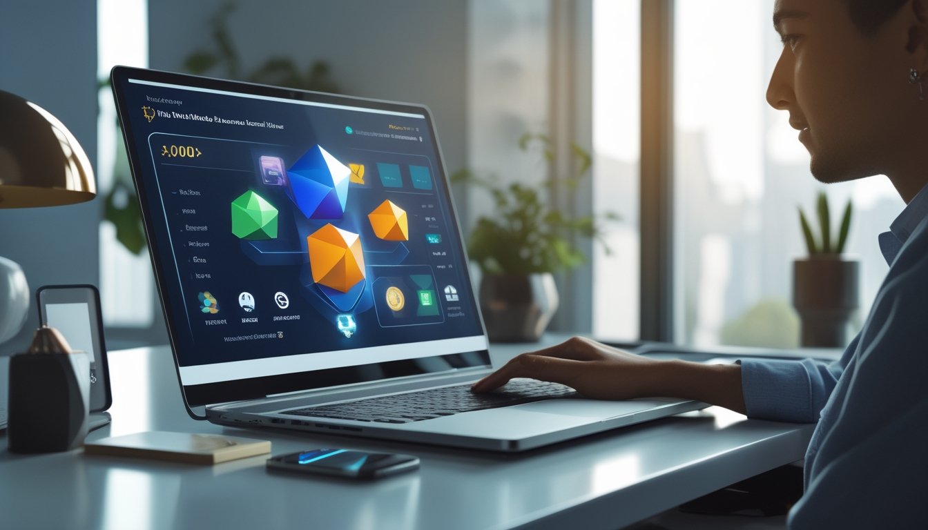 Seseorang memeriksa platform permainan angka 3D pada laptop dan ponsel di meja kerja modern.
