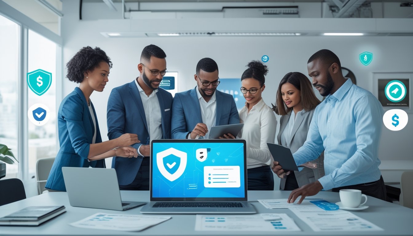 Tim profesional memeriksa keamanan dan kredibilitas platform digital di kantor modern.
