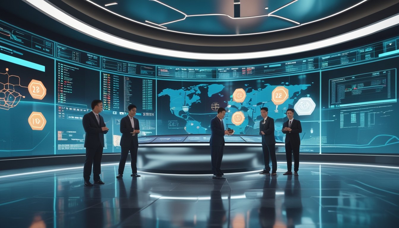 Profesional Asia bekerja bersama di ruang kendali digital futuristis dengan layar analitik dan peta jaringan kawasan.