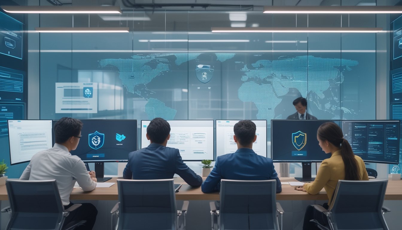 Tim profesional meninjau dokumen kepatuhan dan sistem keamanan digital di kantor modern.