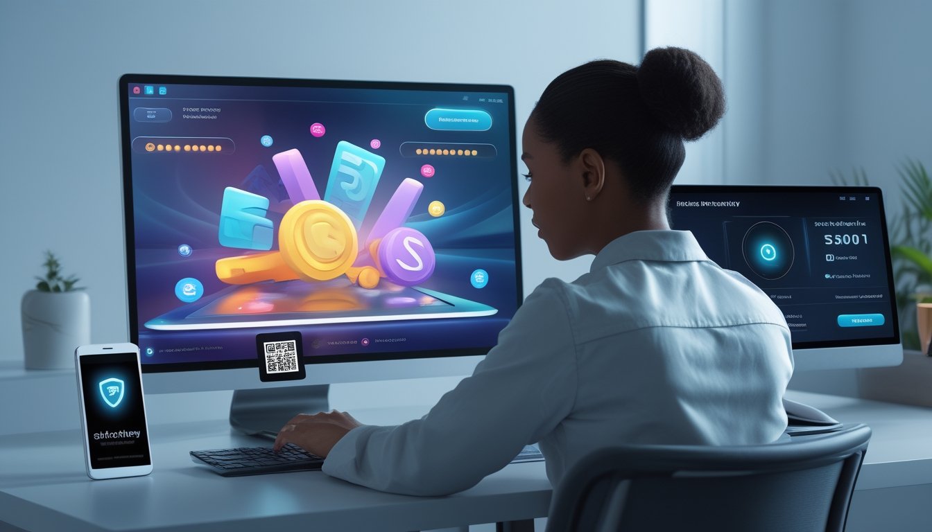 Orang dewasa melihat permainan angka 3D di laptop dengan ponsel yang menampilkan pembayaran digital dan simbol kode QR.