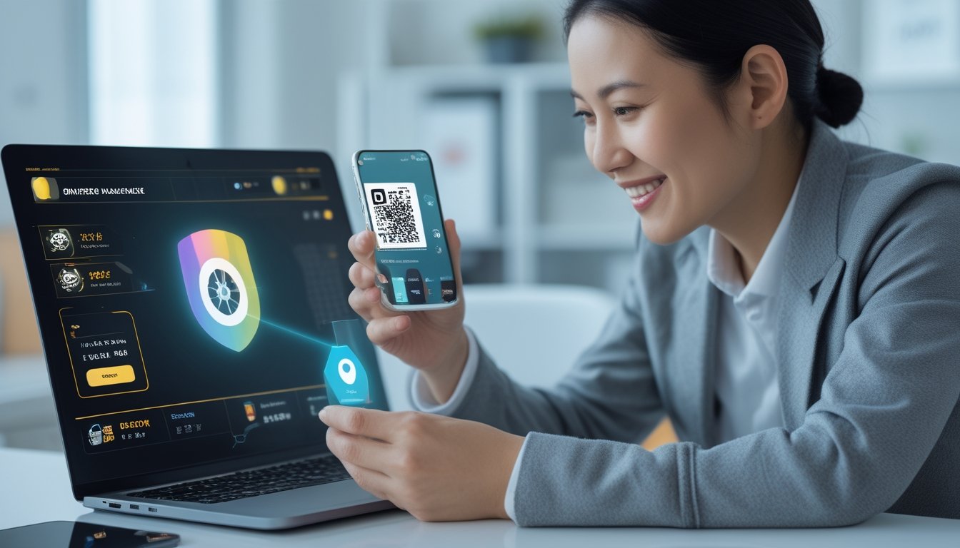 Seseorang menggunakan ponsel untuk melakukan pembayaran digital melalui kode QR di ruang kerja modern.