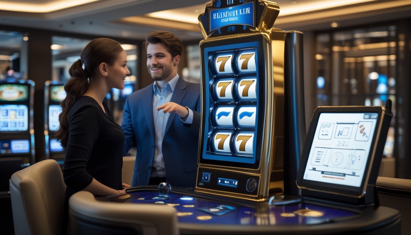 Pemula mempelajari mekanisme mesin permainan slot modern bersama seorang pendamping di ruang permainan yang elegan.
