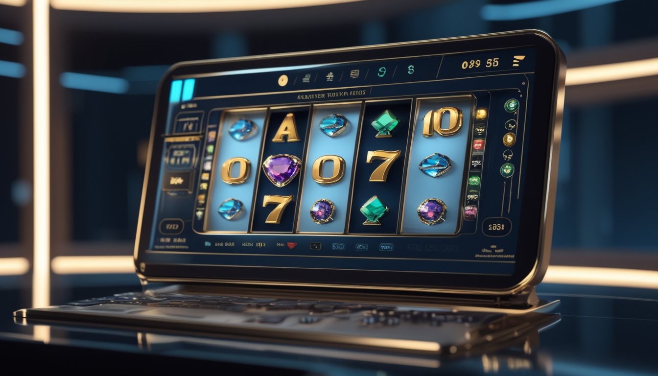 Mesin slot digital mewah dengan ornamen emas dan simbol keberuntungan bercahaya di suasana kasino modern.