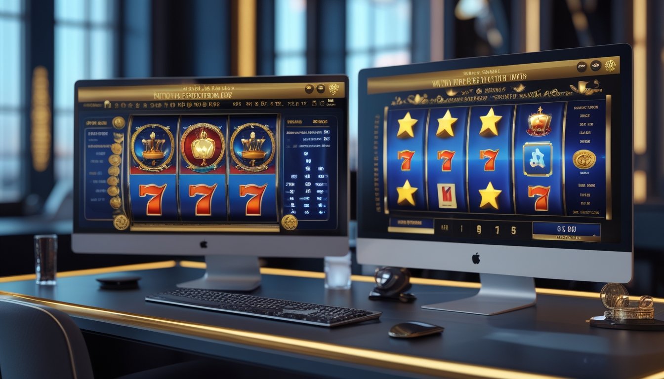 Monitor dan ponsel menampilkan permainan slot bergaya mewah dengan aksen emas dan cahaya biru di atas meja modern.