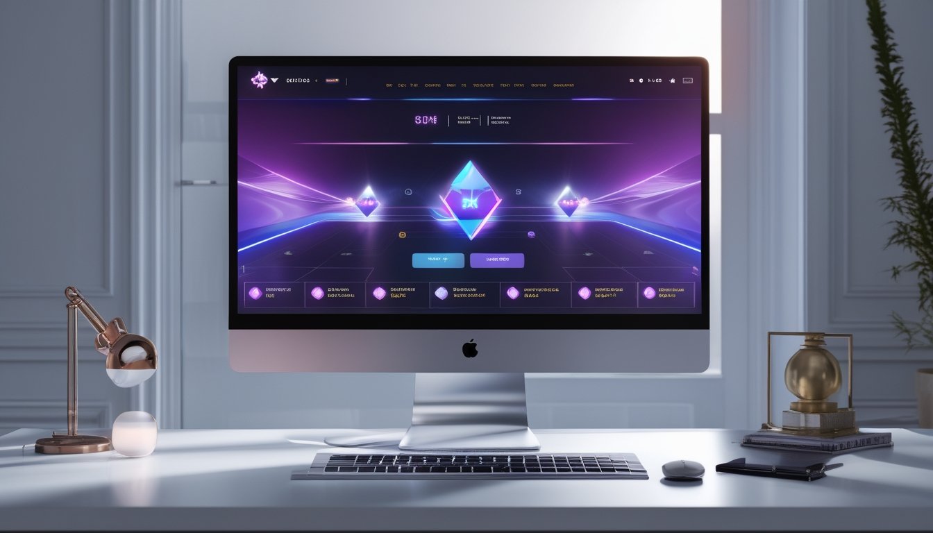 Meja kerja modern dengan monitor menampilkan antarmuka digital abstrak berwarna-warni.