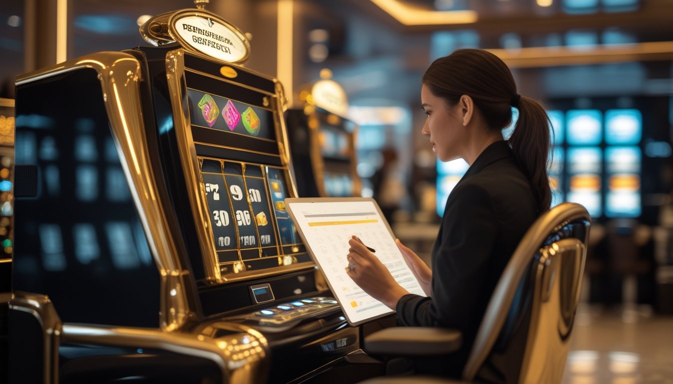 Seorang pemain menganalisis mesin slot mewah di ruang permainan modern.