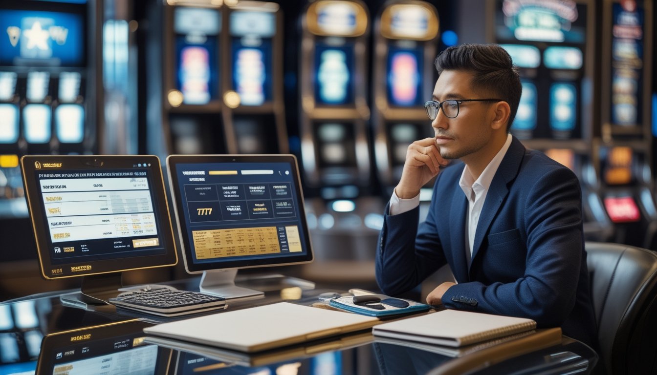 Seorang analis dewasa mempelajari mesin slot dan grafik probabilitas di meja kerja kasino modern.