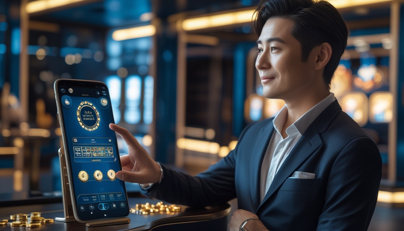 Seseorang melihat ponsel dengan tampilan hiburan digital bernuansa mewah dan aksen emas.