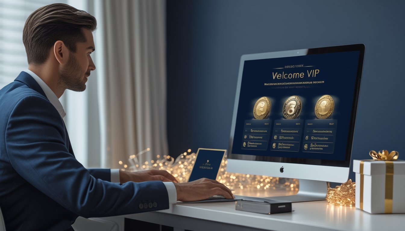Orang dewasa melihat dasbor keanggotaan di laptop dengan kartu VIP dan kotak hadiah di meja.