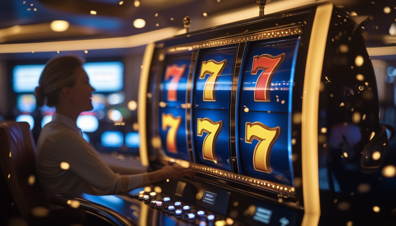 Seseorang bermain mesin slot bercahaya di dalam kasino dengan suasana meriah.