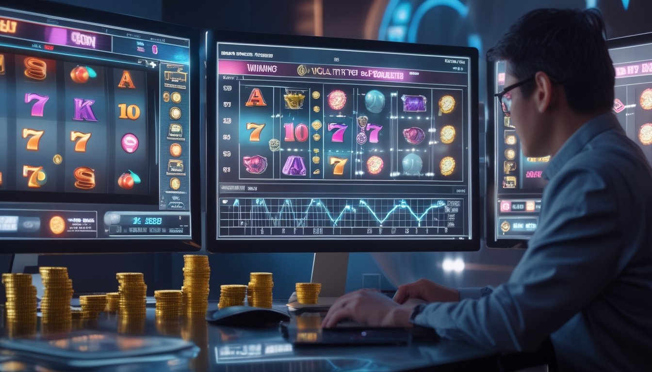 Seorang analis mengamati visualisasi peluang dan mesin slot digital bergaya kasino di meja kerja modern.