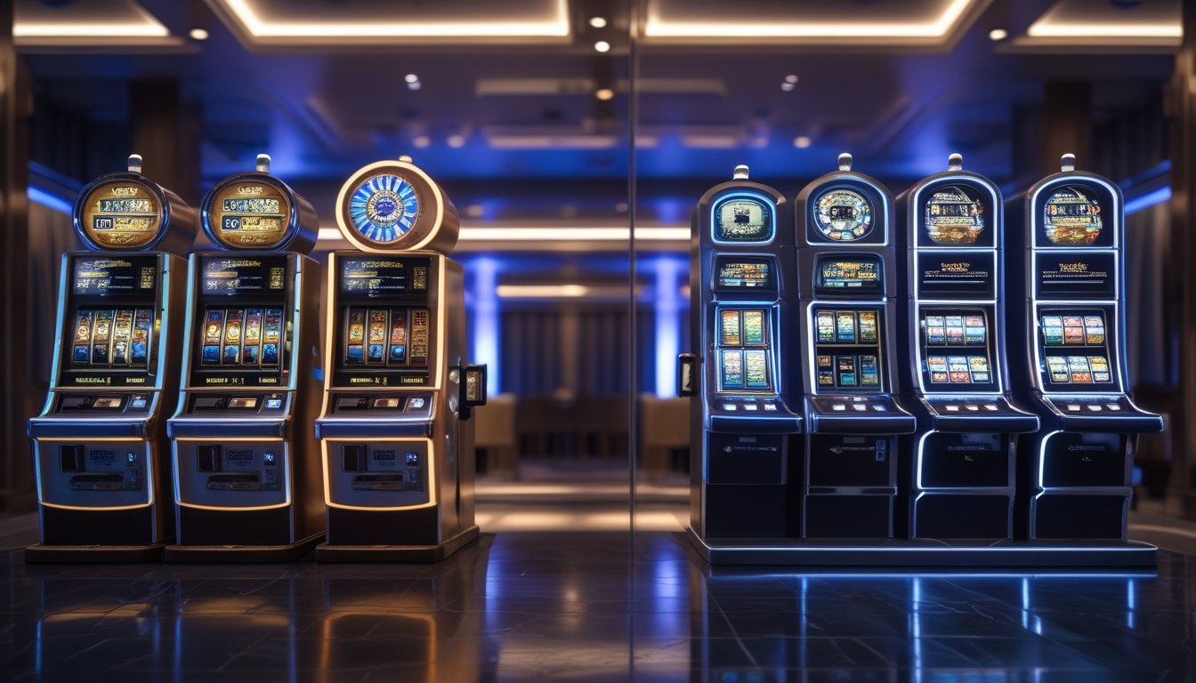 Dua mesin slot, satu bergaya klasik dan satu bergaya modern, berdiri berdampingan di dalam kasino elegan.