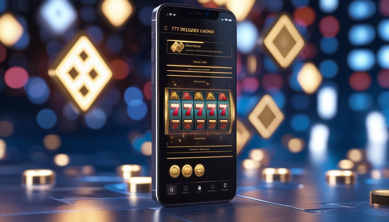 Ponsel pintar menampilkan permainan slot bertema mewah dengan nuansa emas dan cahaya warna-warni.