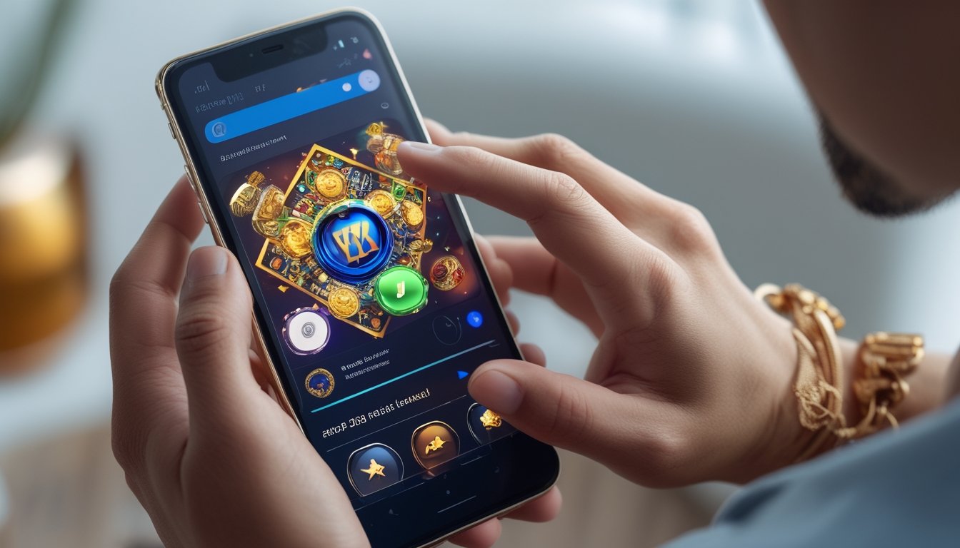 Seseorang menggunakan ponsel pintar dengan tampilan aplikasi hiburan digital berwarna-warni.