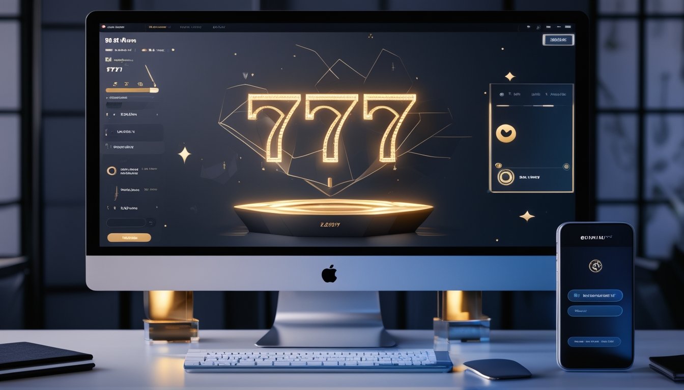 Meja modern dengan monitor dan ponsel yang menampilkan antarmuka hiburan digital bertema angka tujuh serta pembayaran digital.