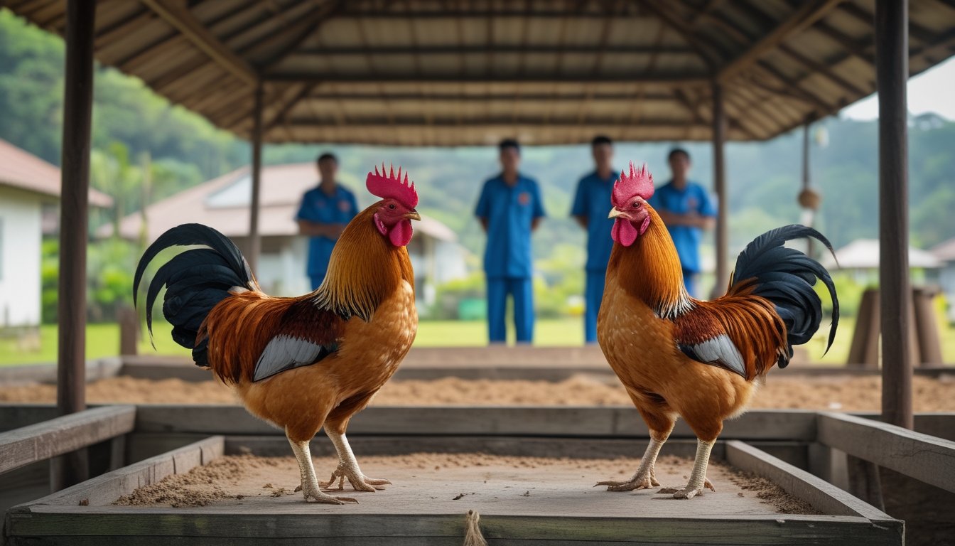 Dua ayam jantan sehat berada di kandang terpisah dalam area pameran peternakan yang rapi.