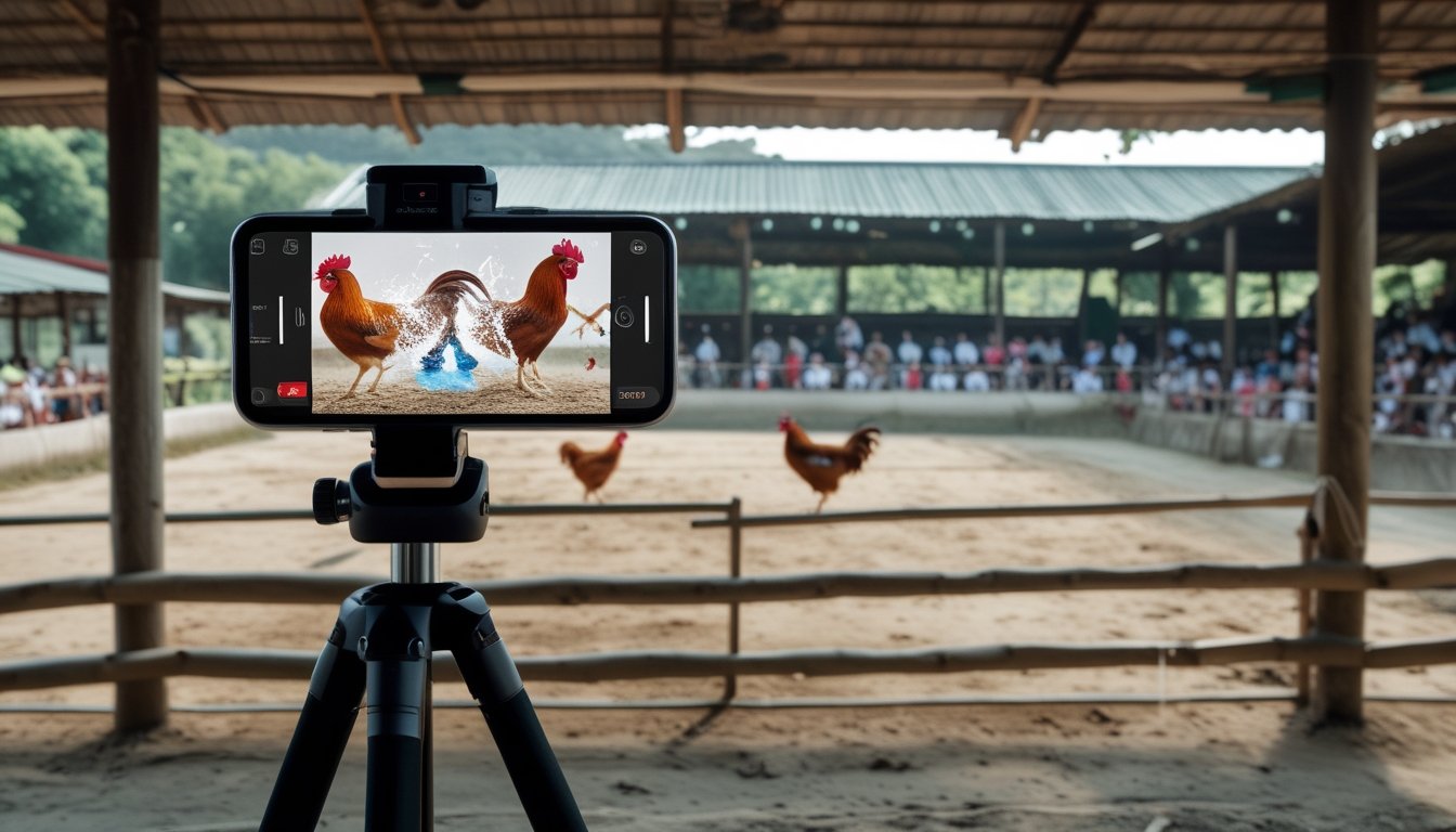 Ponsel di tripod menampilkan siaran langsung arena ayam jago dengan penonton di latar belakang.