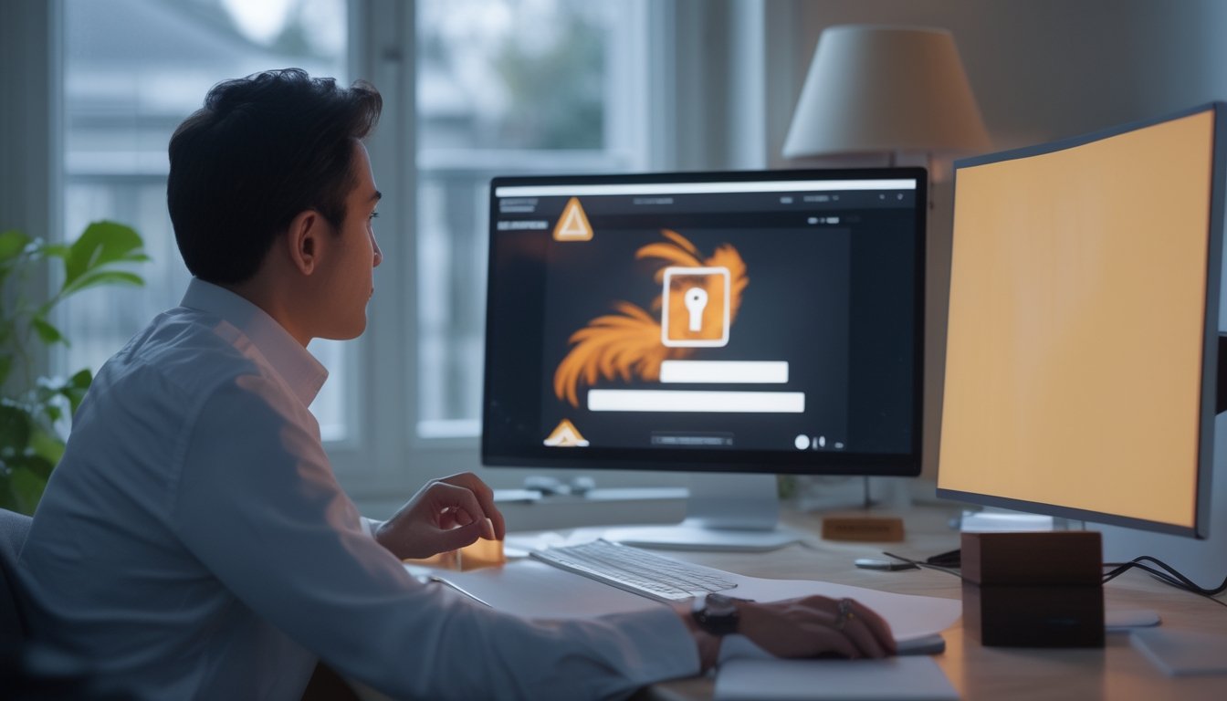 Orang dewasa melihat siaran daring buram di laptop dengan dokumen hukum dan simbol peringatan di meja.