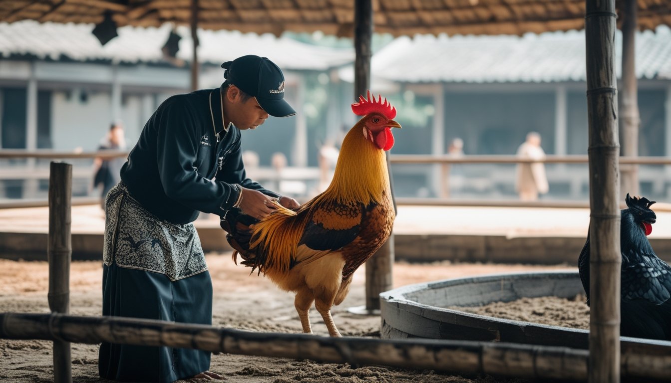 Seorang pawang memeriksa ayam jantan di area arena tradisional.