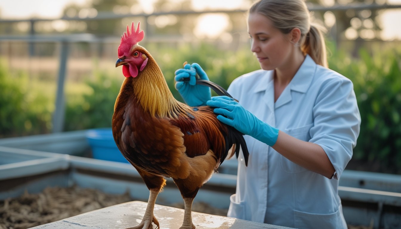 Peternak memeriksa kesehatan seekor ayam jantan di kandang yang bersih dan terang.