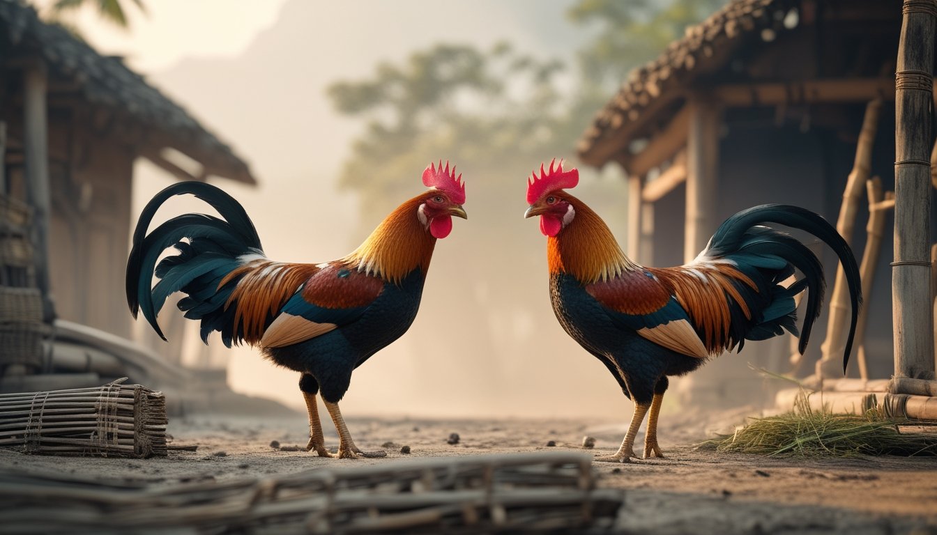 Dua ayam jantan berdiri tenang di arena tradisional dengan latar yang menggabungkan suasana desa lama dan teknologi modern.