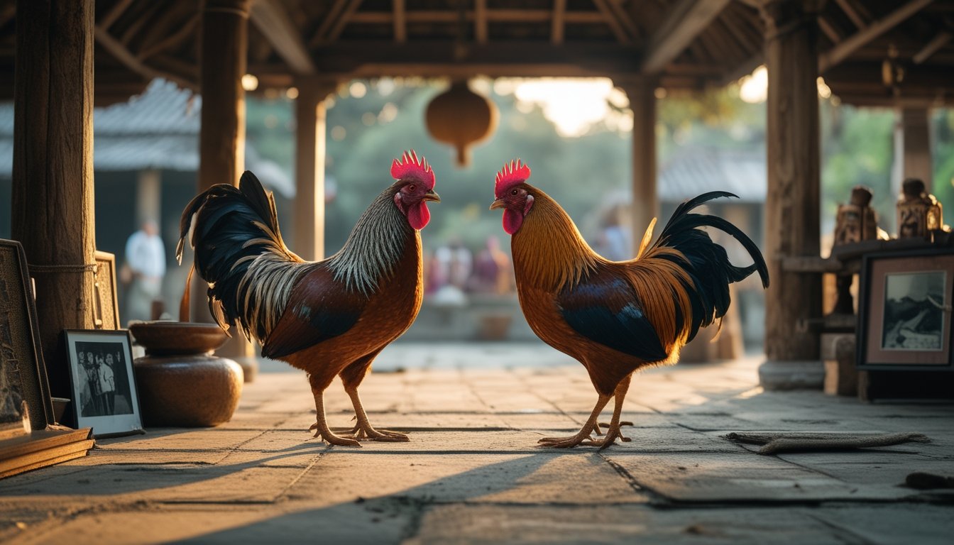 Dua ayam jantan berdiri tenang di halaman paviliun tradisional dengan suasana dokumenter sejarah dan budaya.
