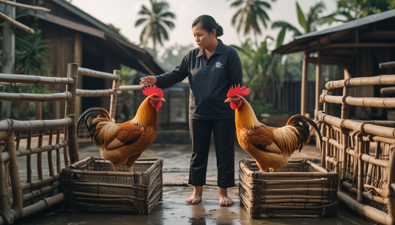 Seorang pemula belajar mengamati dua ayam jantan di kandang bambu dalam suasana pedesaan Indonesia.