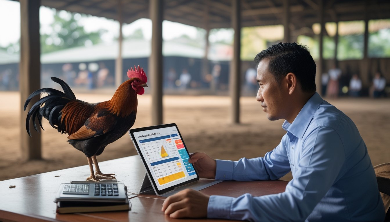 Seorang analis mempelajari data pertandingan di dekat ayam jago sehat dalam suasana arena tradisional.