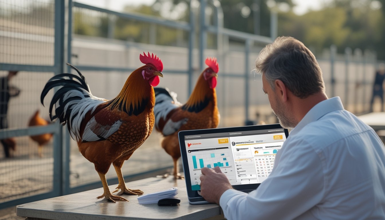 Seorang analis meninjau data pertandingan ayam jago di dekat kandang yang aman, dengan perhatian pada etika, aturan, dan pengelolaan risiko.