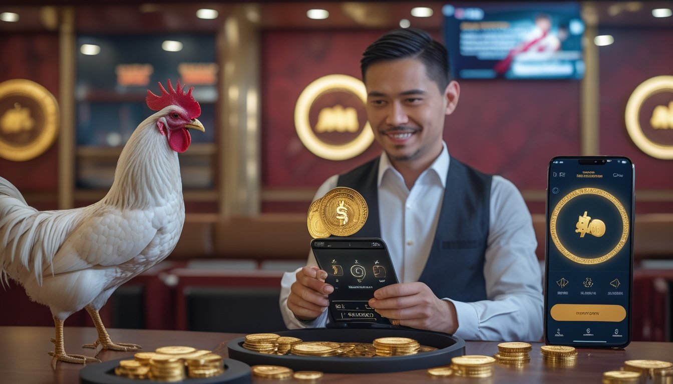 Pelanggan tersenyum menerima gambaran hadiah cashback di lounge modern dengan ayam jantan terawat di latar belakang.