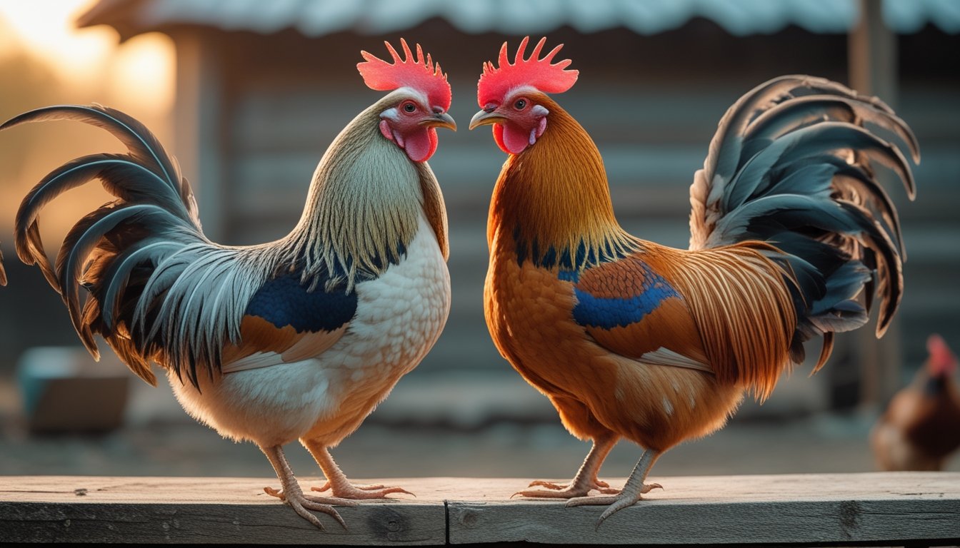 Dua ayam jantan berdiri terpisah di lingkungan pedesaan dengan latar belakang buram.