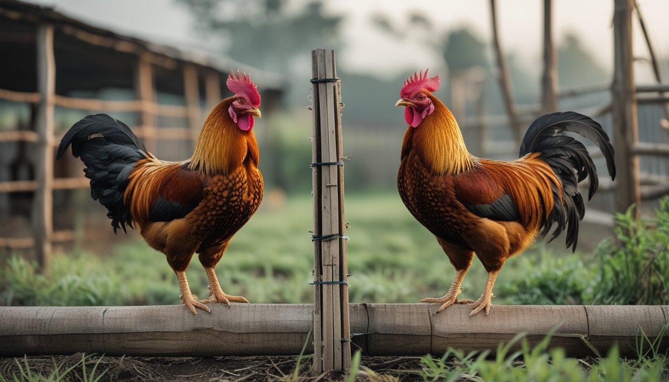Dua ayam jantan sehat berdiri terpisah di kandang pedesaan yang rapi dengan latar tanaman hijau.