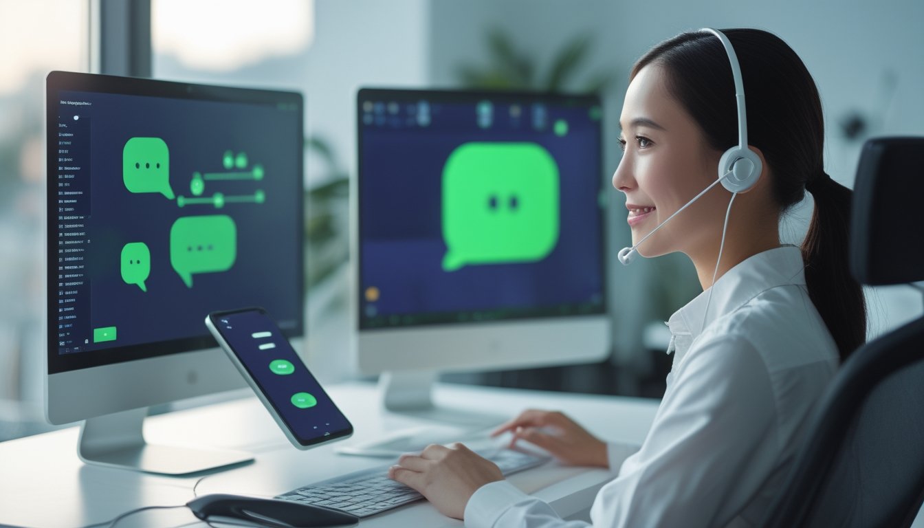 Petugas layanan pelanggan menggunakan headset dan komputer untuk membantu pengguna melalui obrolan langsung.