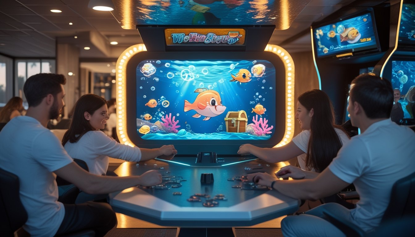 Orang-orang dewasa bermain permainan tembak ikan di ruang hiburan dengan layar bertema bawah laut.