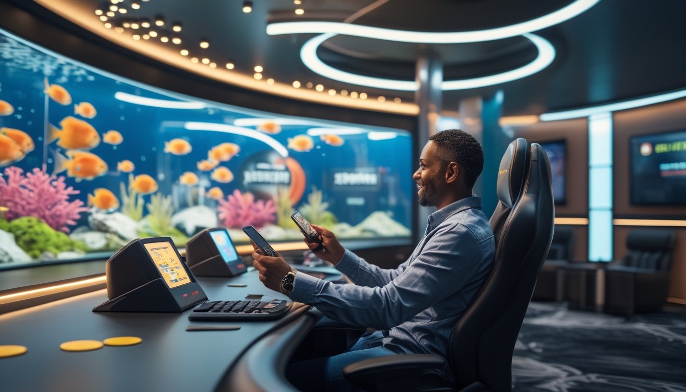 Pemain dewasa mengamati permainan tembak ikan digital di ruang permainan modern dengan akuarium bercahaya.