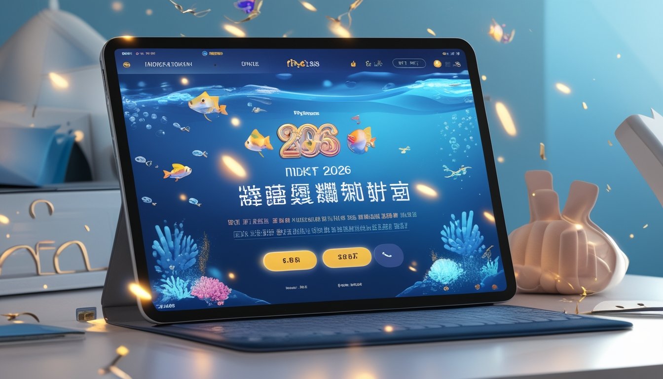 Perangkat digital menampilkan permainan memancing virtual dengan elemen pembayaran digital dan dekorasi perayaan.