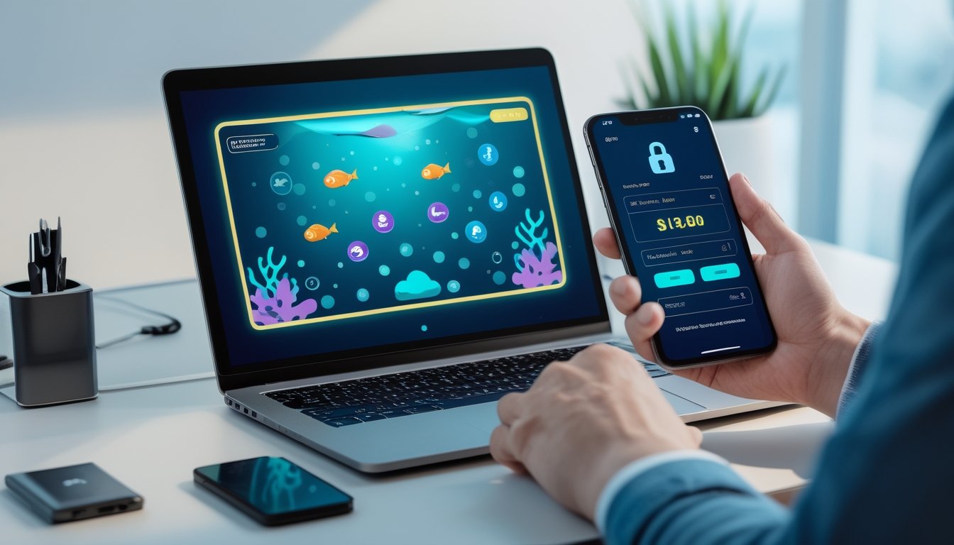 Seseorang membandingkan platform hiburan digital dan pembayaran dompet elektronik melalui laptop dan ponsel di meja modern.