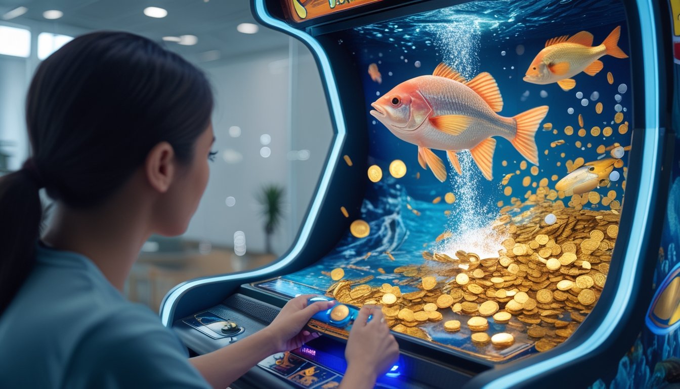 Seorang pemain fokus mengoperasikan permainan arcade bertema bawah laut dengan ikan besar dan koin berkilauan di layar.